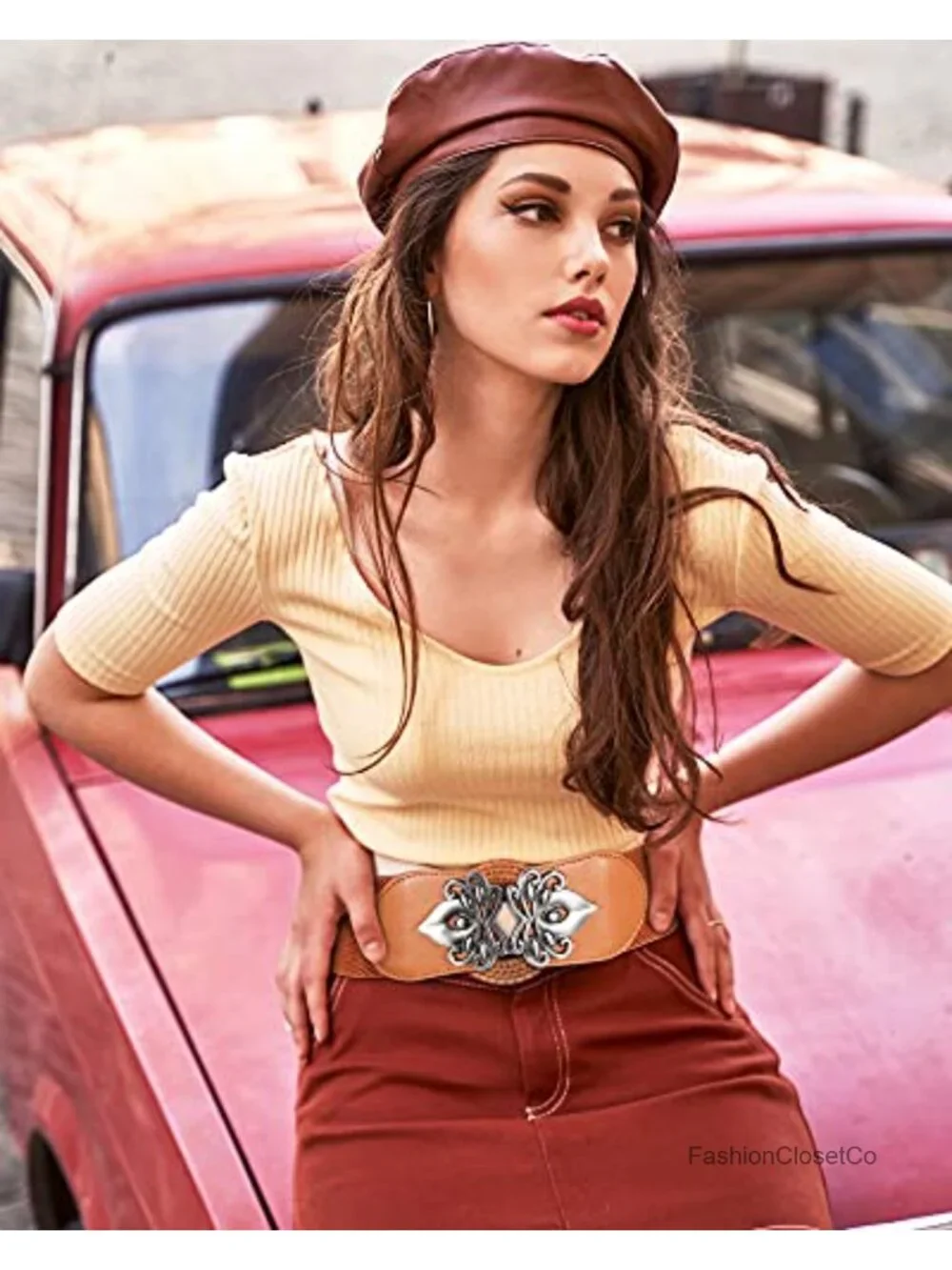 Women's Wide Stretchy Waist Belt PU Leather Vintage Flower Buckle Retro Elastic